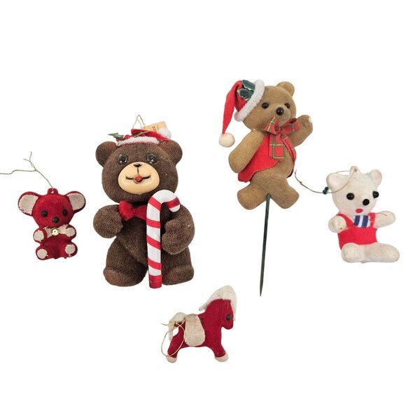Other - Teddy Bear And Horse Ornaments Flocked Christmas Holiday Decor Vintage Set of 5